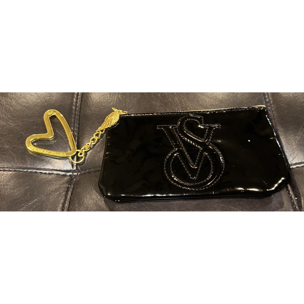 Victoria's Secret Coin Purse Wristlet Cosmetic Heart Key Chain Case Bag Black